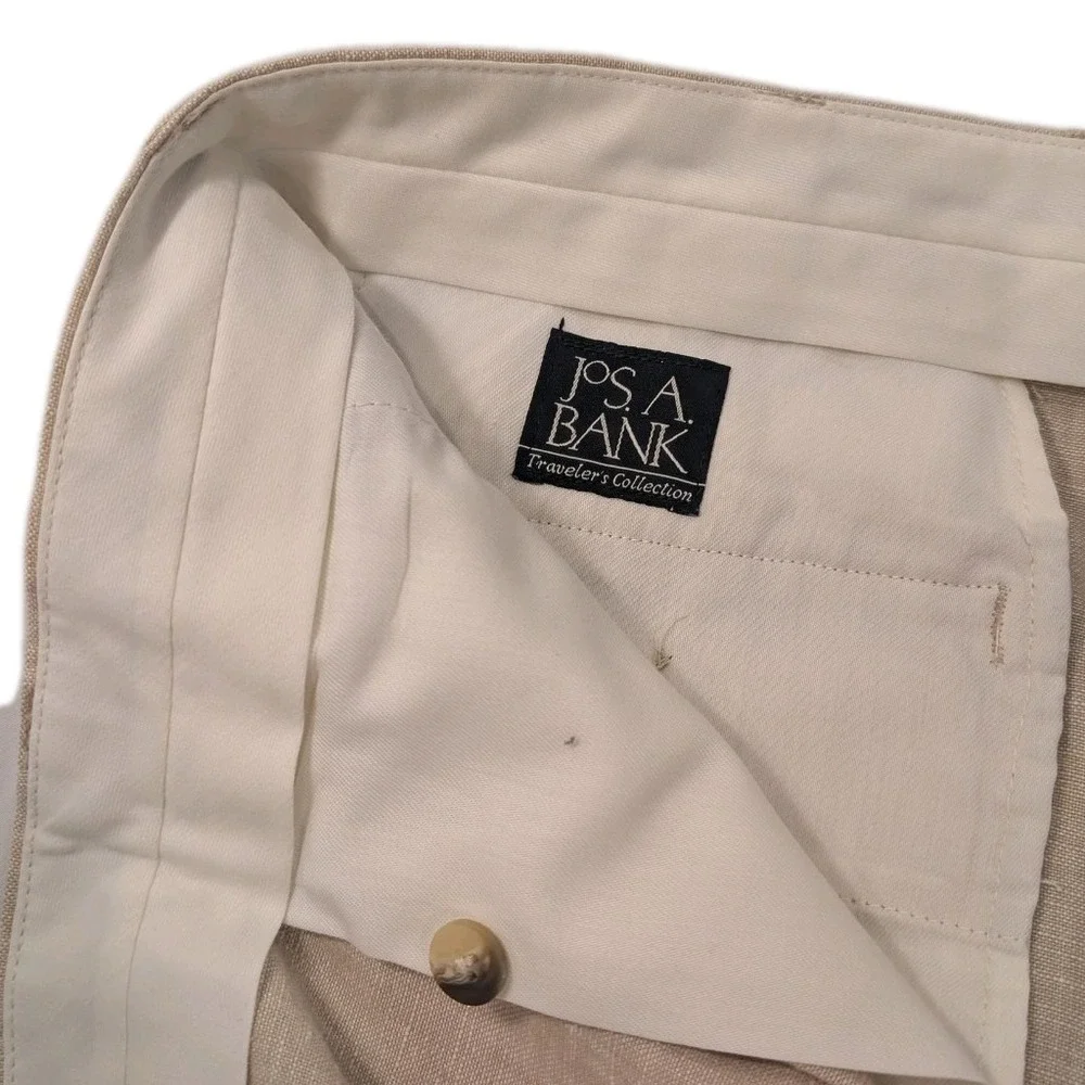 Jos A‎ Bank 38x32 Khaki 100% Linen Travelers Pleated Cuffed Mens Pants
